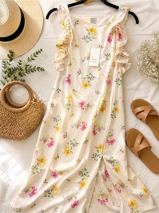 a new day Dresses & Skirts - A New Day Floral Midi Dress XL Ruffle Sleeve Cream Spring Summer NWT
